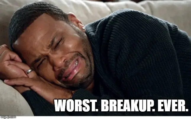 Man crying on the bed with caption: worst breakup ever / startup ctos may be expected to code a little but the bigger the company, the more technology there is, the less you will code. Youre management team now, just leave it to your tech team.
