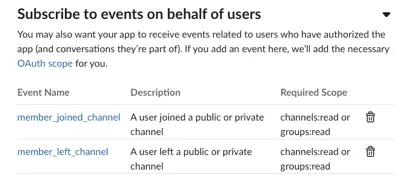 A screenshot of event subscription