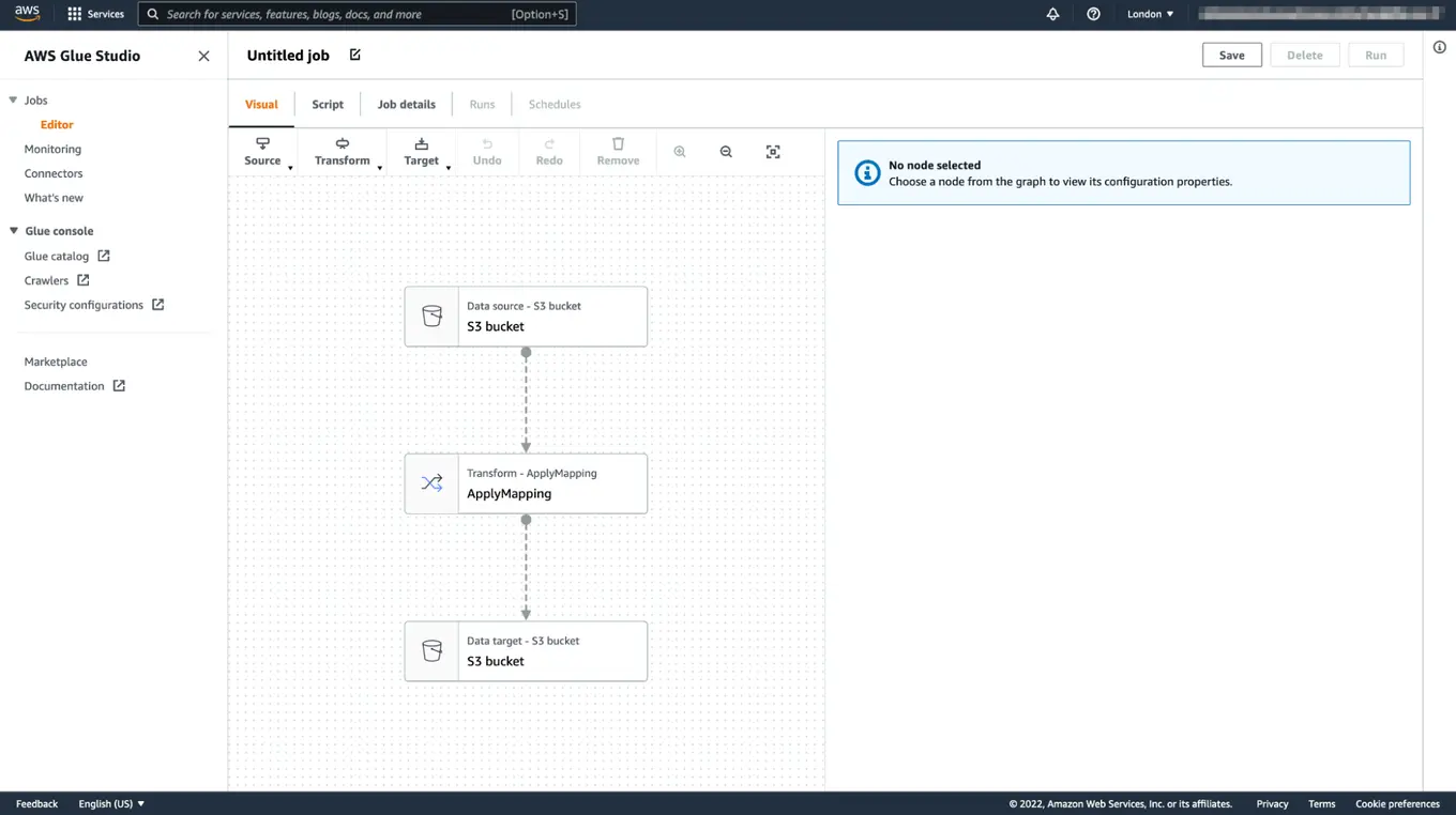 AWS Glue Studio and the script visual editor - screenshot
