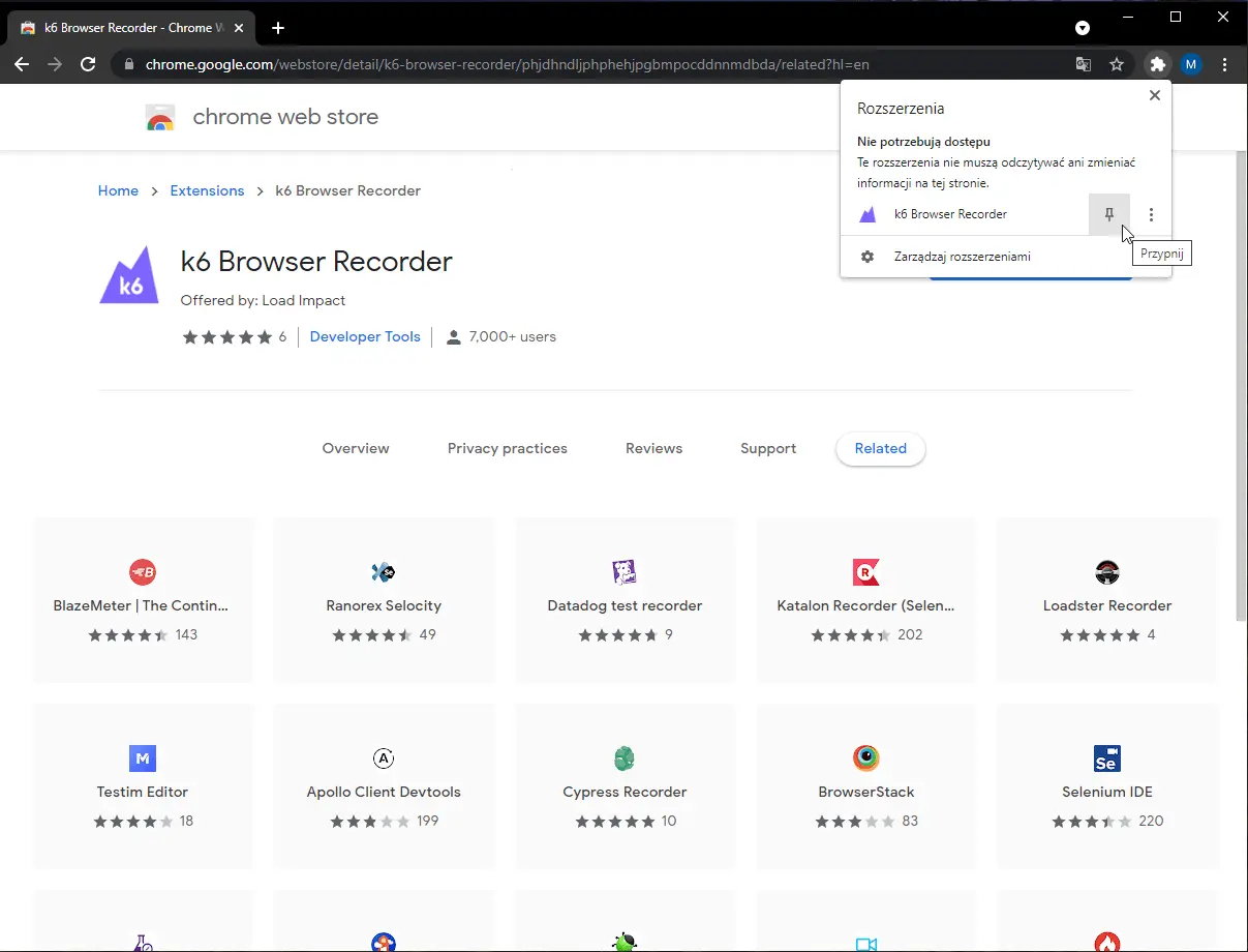 k6 plugin among Chrome extensions