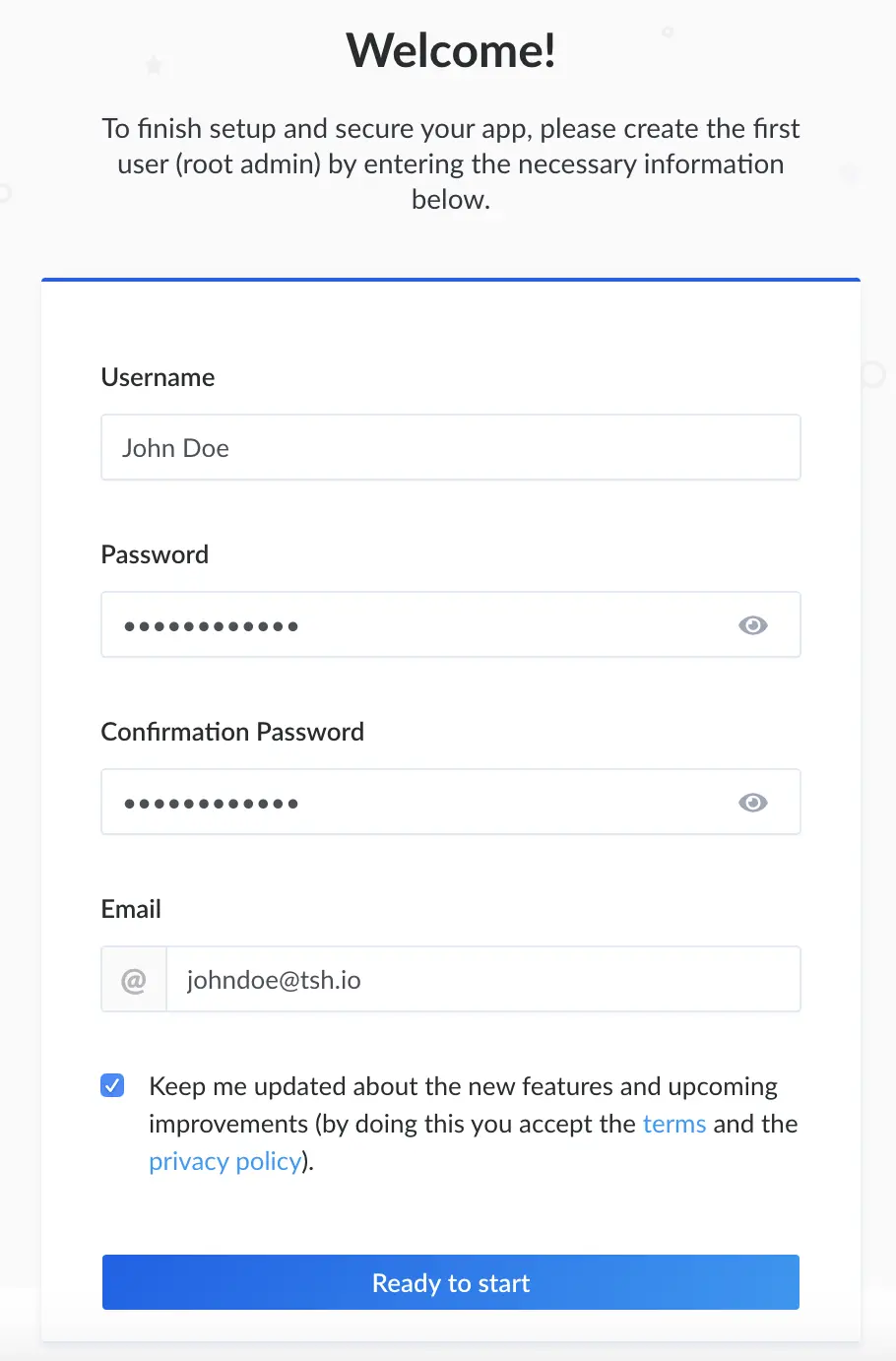 Screenshot with the admin panel welcome page
