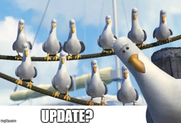 seaguls from FInding Nemo movie with caption: update? / hire project managers to ensure happy employees and customers in the software projects