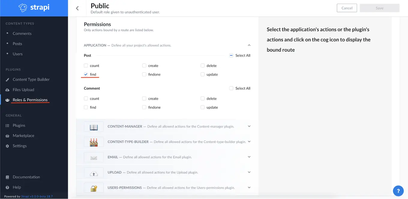 Screenshot of roles and permissions section in Node.js headless CMS – Strapi