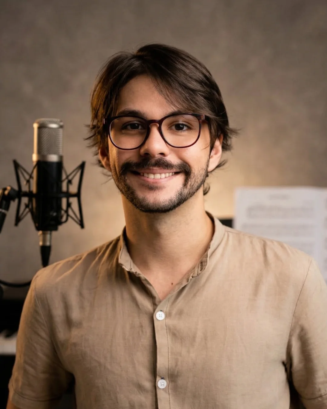 Rafael Araujo em um estúdio de música, ao lado de um microfone