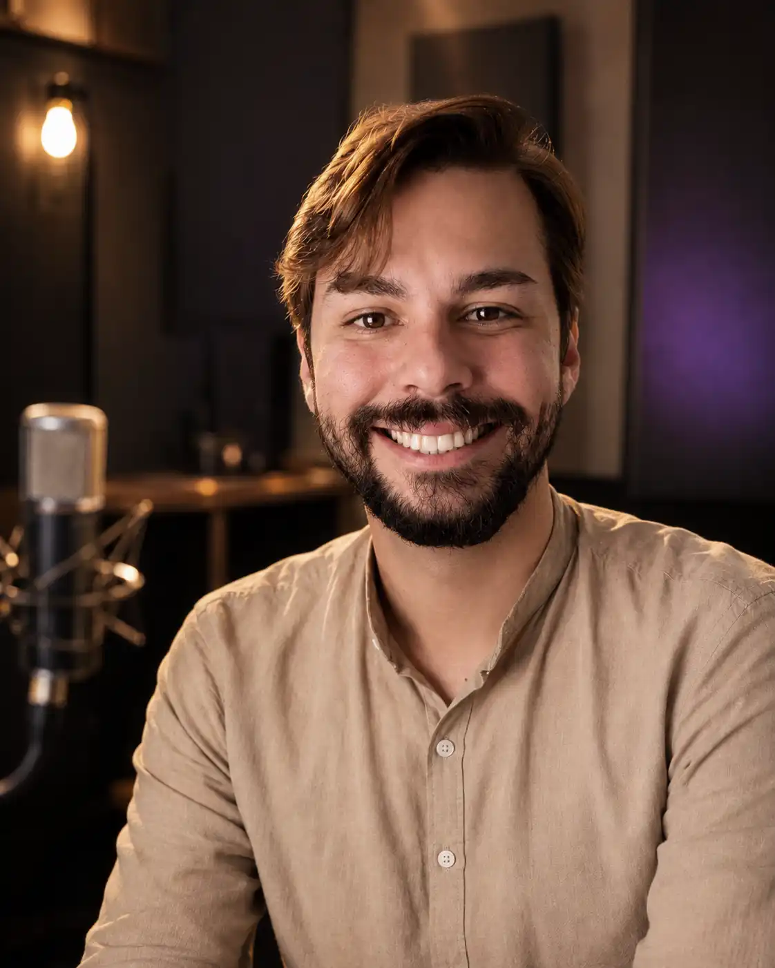 Rafael Araujo em um estúdio de música, ao lado de um microfone