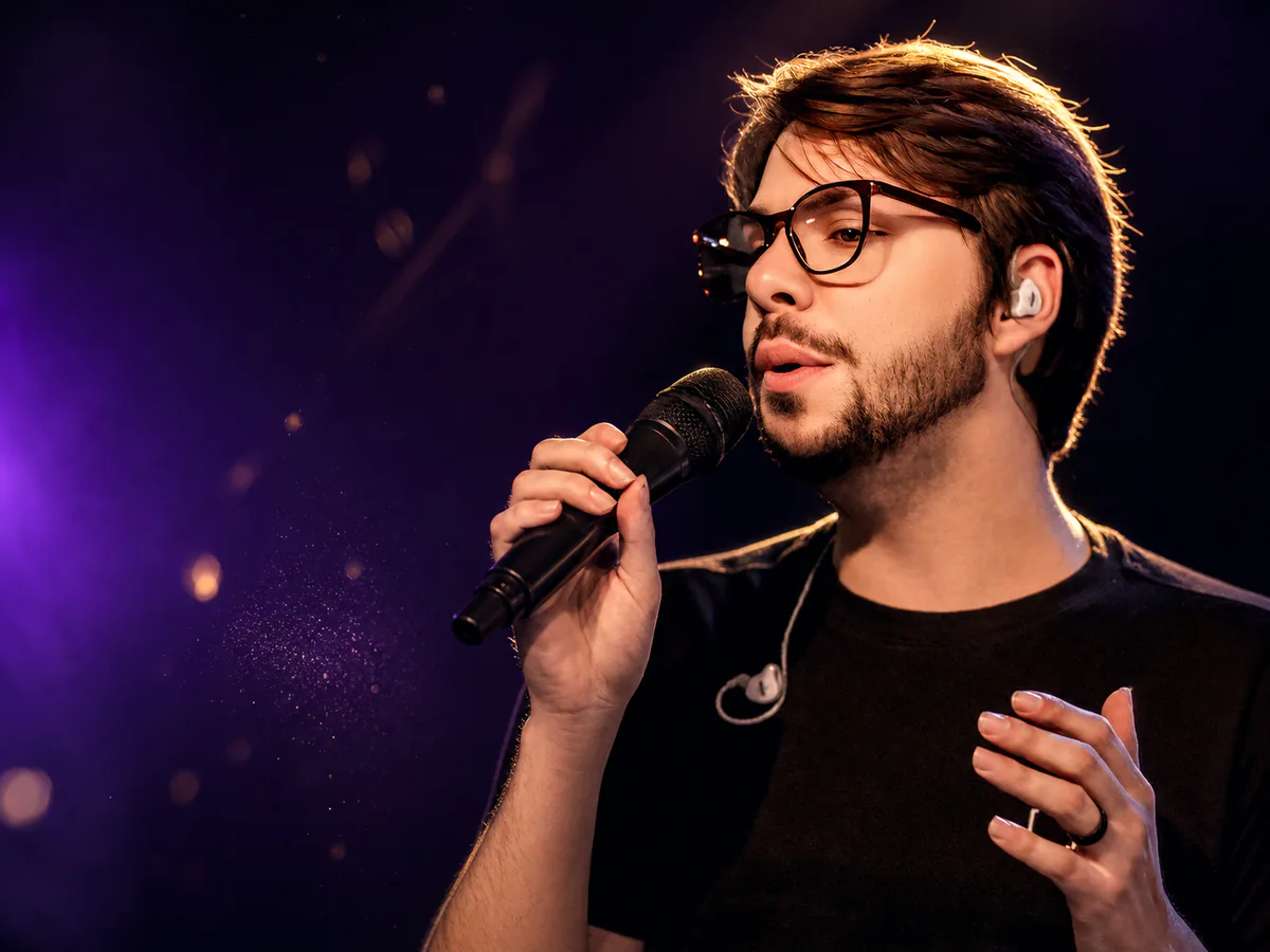 Rafael Araujo cantando no palco com microfone e iluminação cênica