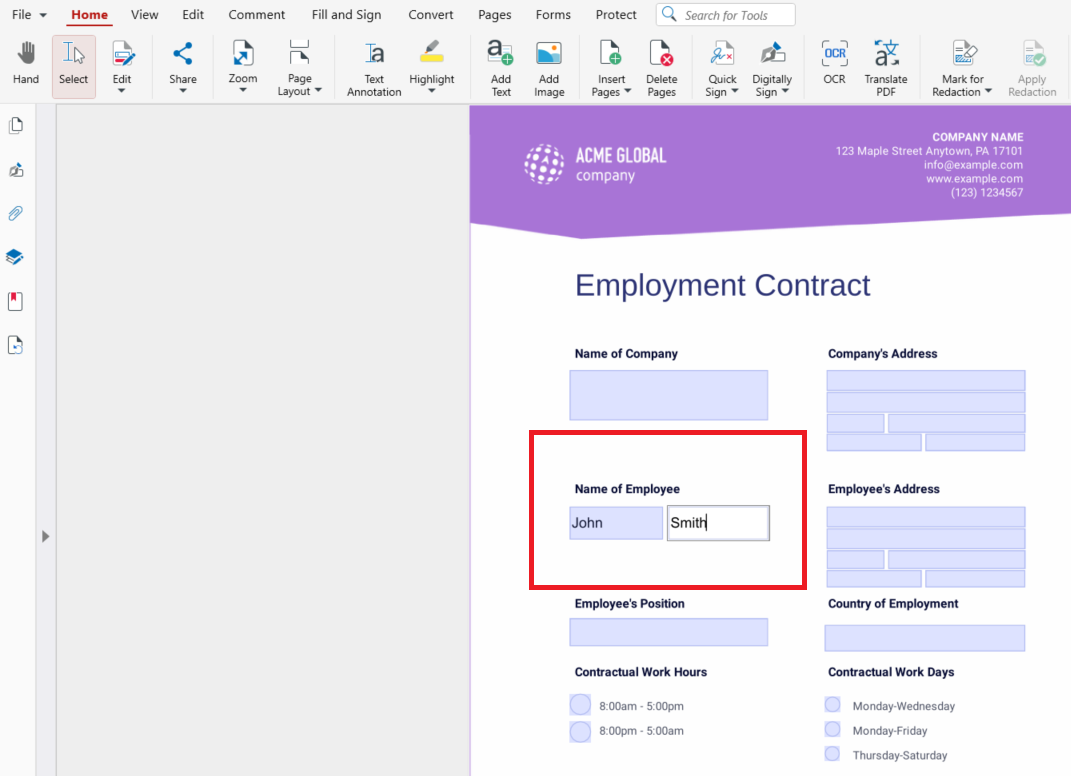 Entering an employee name into fillable PDF form fields in MobiPDF