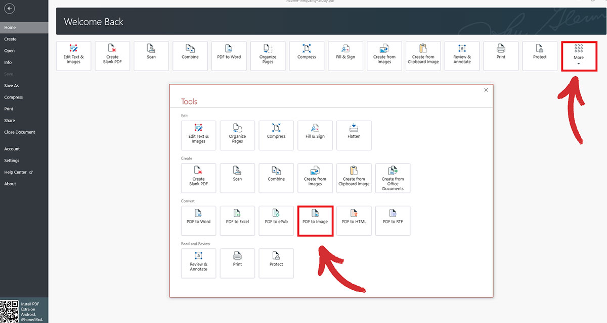 Convert PDF to image Convert from the File/Home menu