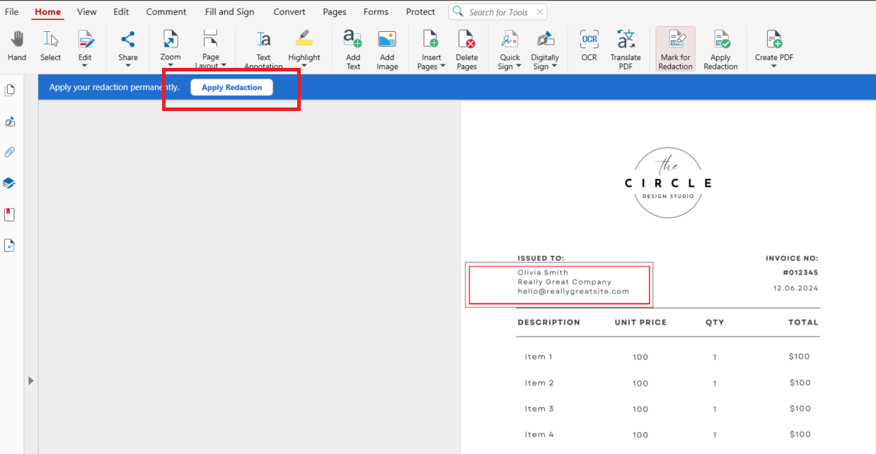 How to Black Out and Redact Text in a PDF Screenshot of MobiPDF showing the Home tab with the Mark for Redaction tool highlighted in the top toolbar while an invoice PDF is open in the document view