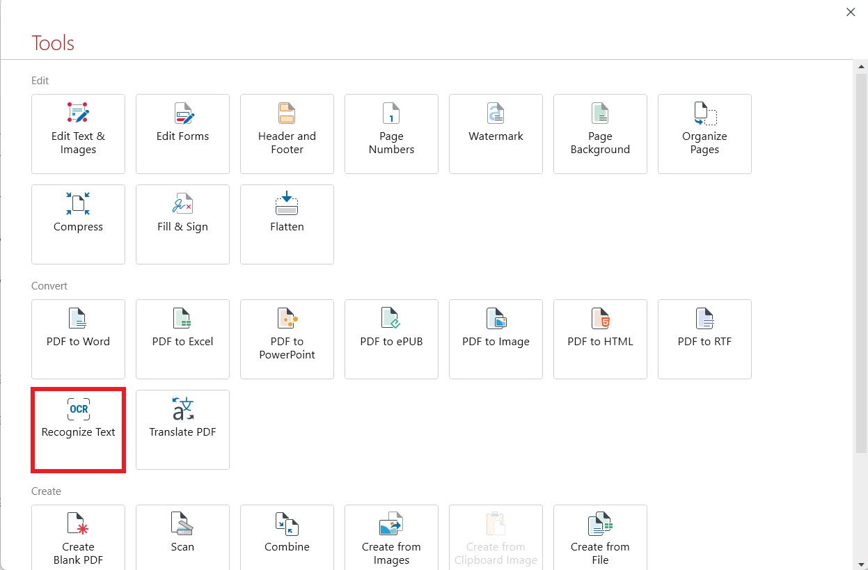 How to convert PDF to Word MobiPDF desktop interface Tools menu showcasing various functions, with the 'Recognize Text' (OCR) tool highlighted under the Convert section.