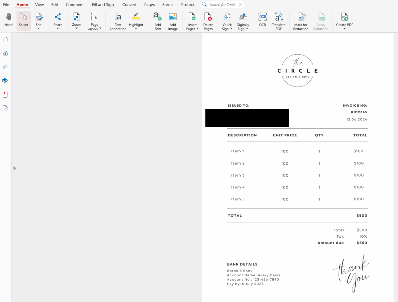 How to Black Out and Redact Text in a PDF Screenshot of MobiPDF showing a PDF invoice with sensitive information blacked out using the redaction tool in the document view