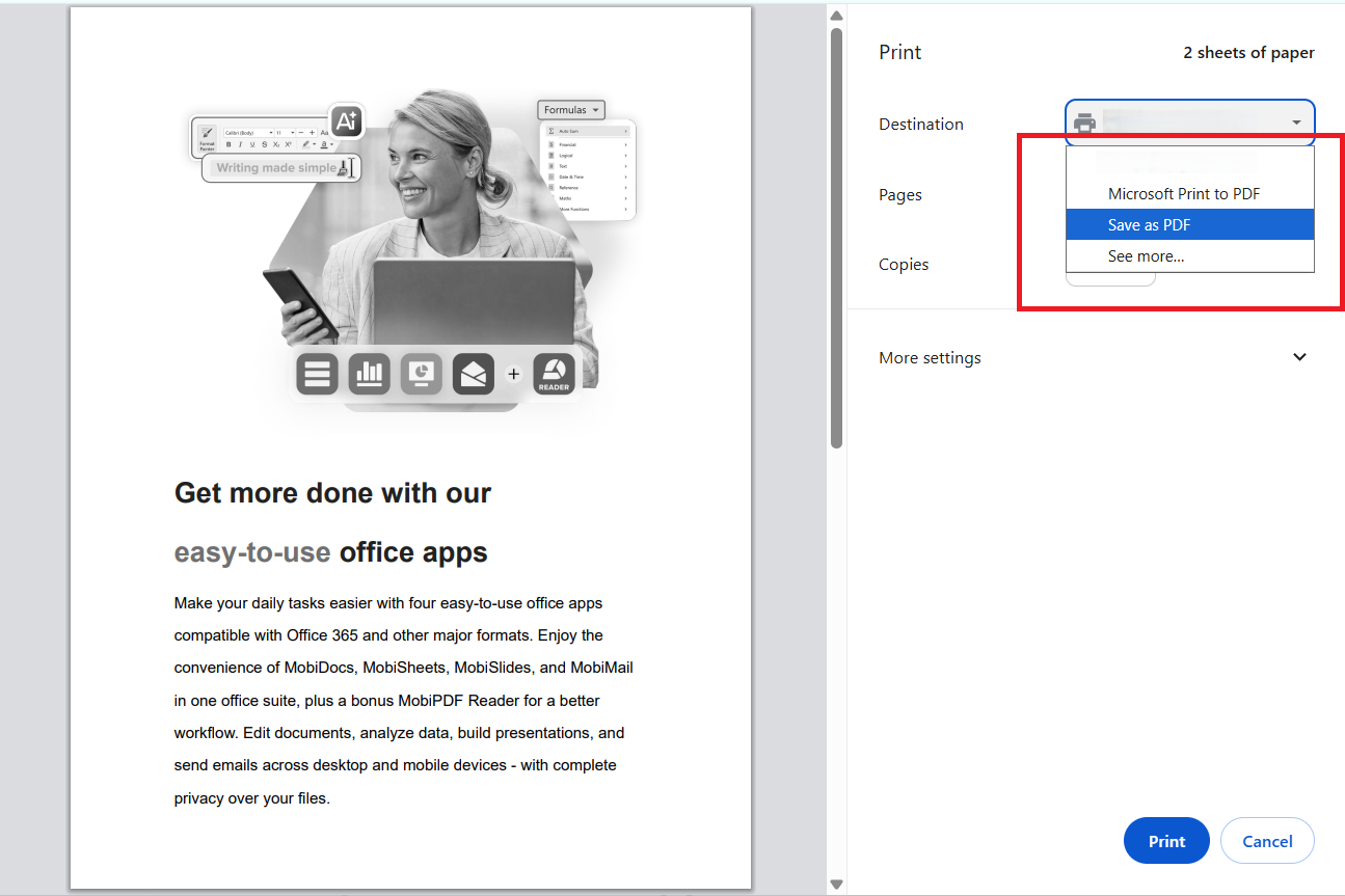 How to Save a Google Doc as a PDF Displaying the Save as PDF option in the Print feature in Google Docs
