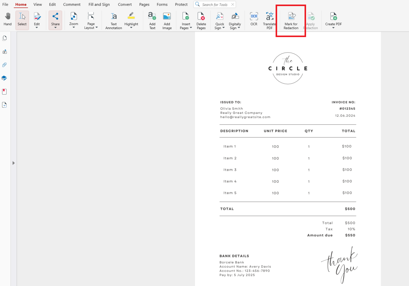 How to Black Out and Redact Text in a PDF Screenshot of the MobiPDF interface showing the Home tab with the Mark for Redaction tool highlighted in the toolbar above an open invoice PDF document