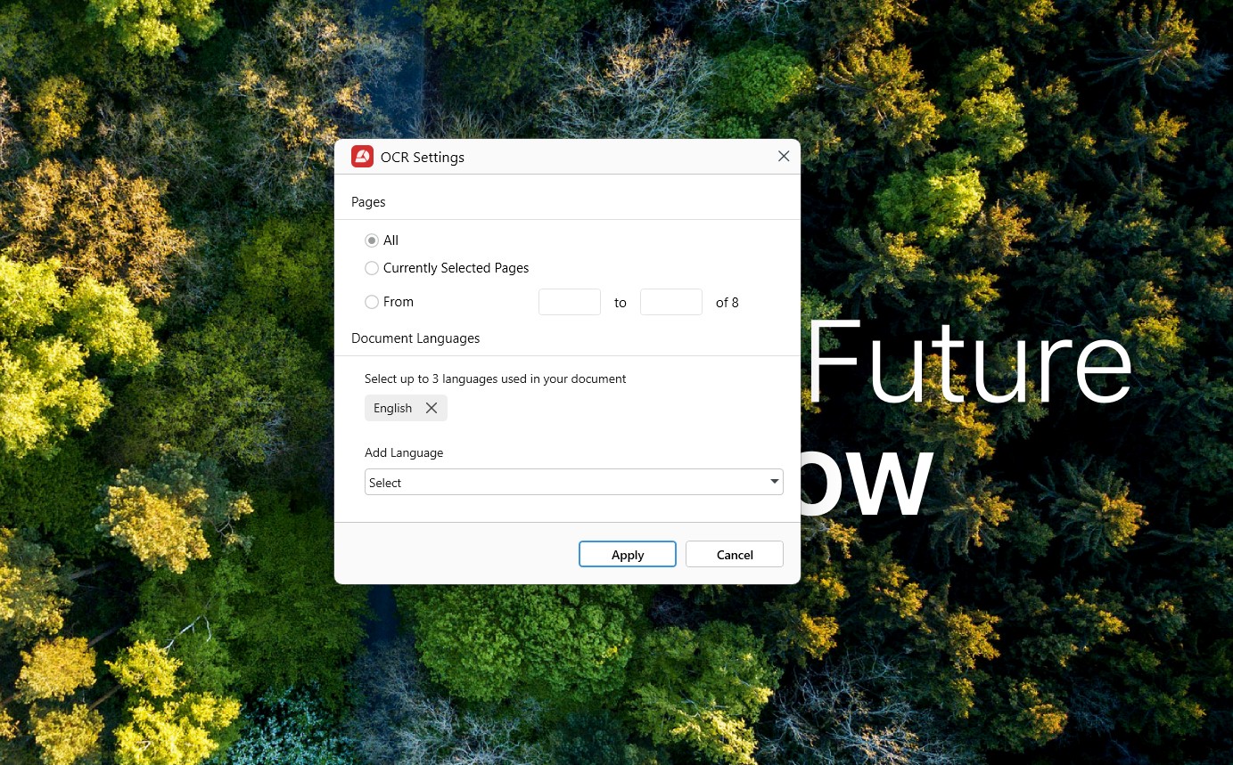 How to convert PDF to Word MobiPDF OCR Settings dialogue box overlaying a document, allowing users to select pages and document languages for Optical Character Recognition.