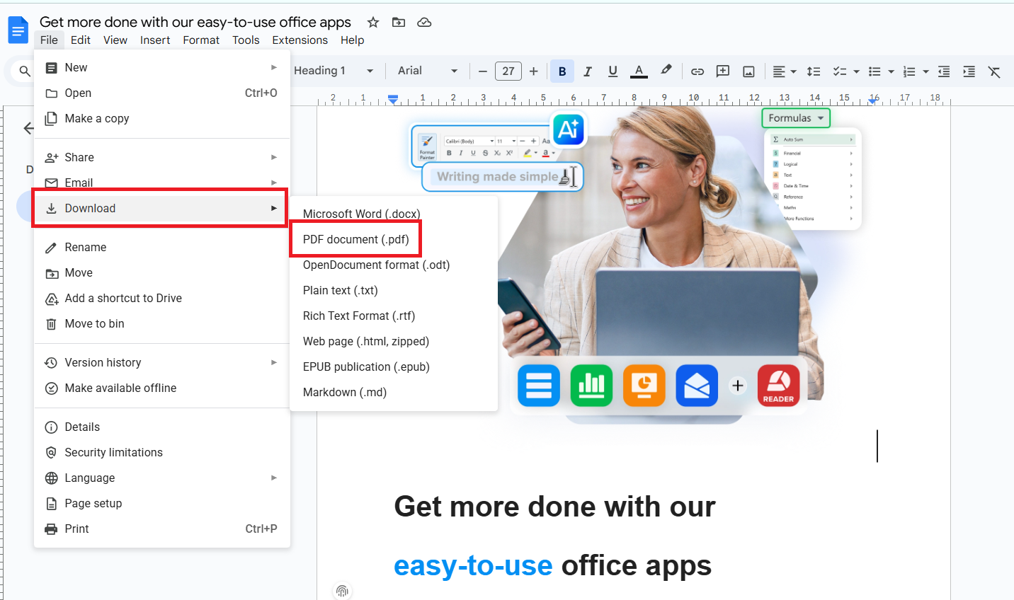 How to Save a Google Doc as a PDF Showing the flow to save a Google doc as a pdf file in Google Docs online