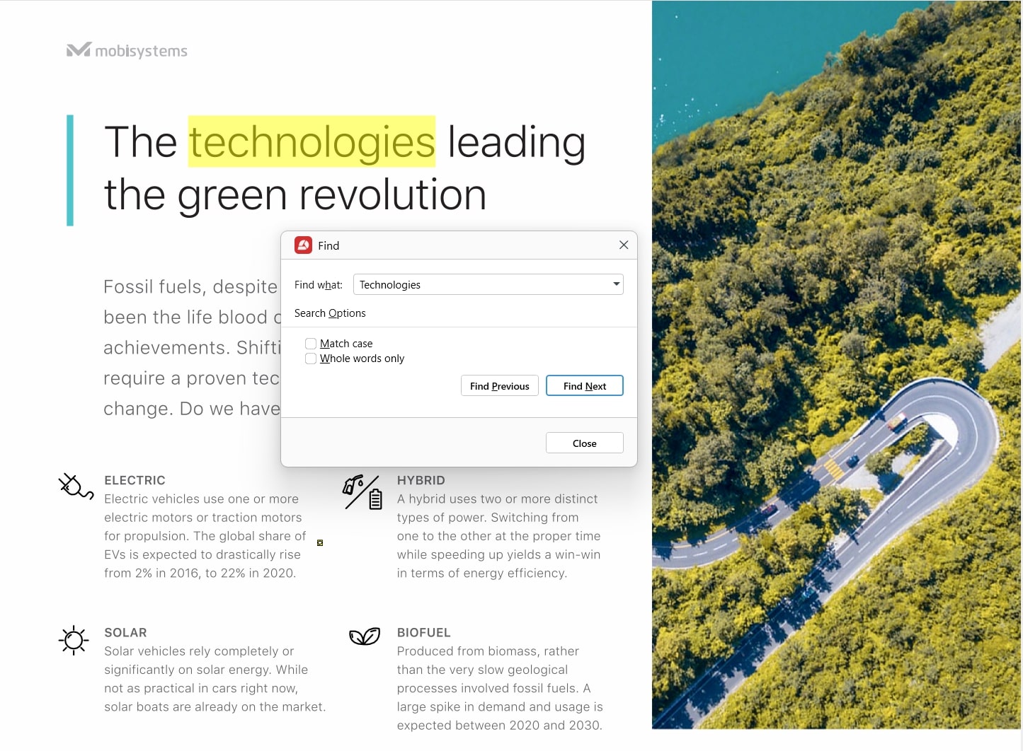 How to convert PDF to Word MobiPDF desktop interface displaying the 'Find' search dialog box used to locate specific text within a document.