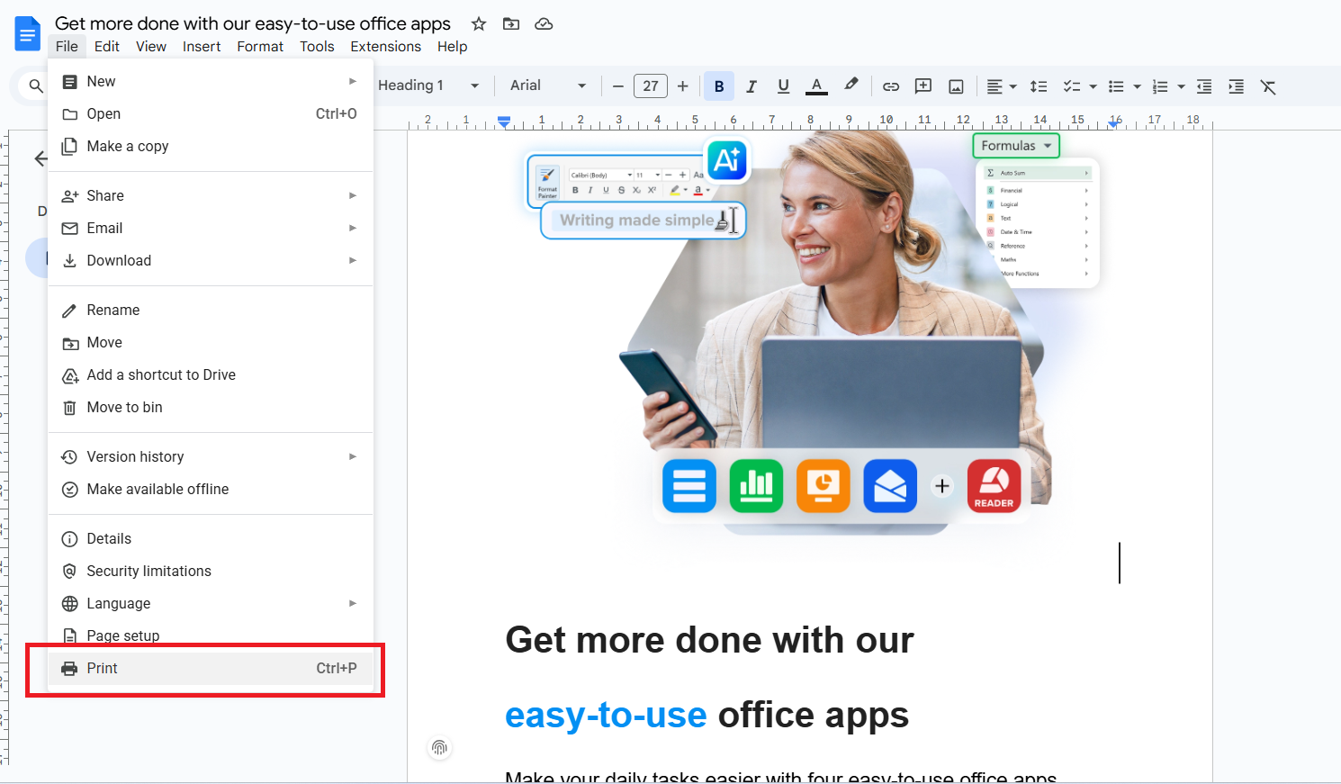 How to Save a Google Doc as a PDF Showing the Print option as an alternative way to save a Google doc as a pdf file