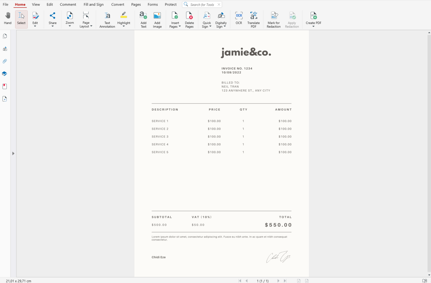 Why Choosing European Software Matters: A Smart Alternative for Office Tools Users MobiPDF interface displaying a clean, minimalist invoice with itemized services, pricing, VAT calculation, and a total of $550.00, alongside editing and annotation tools in the top toolbar.