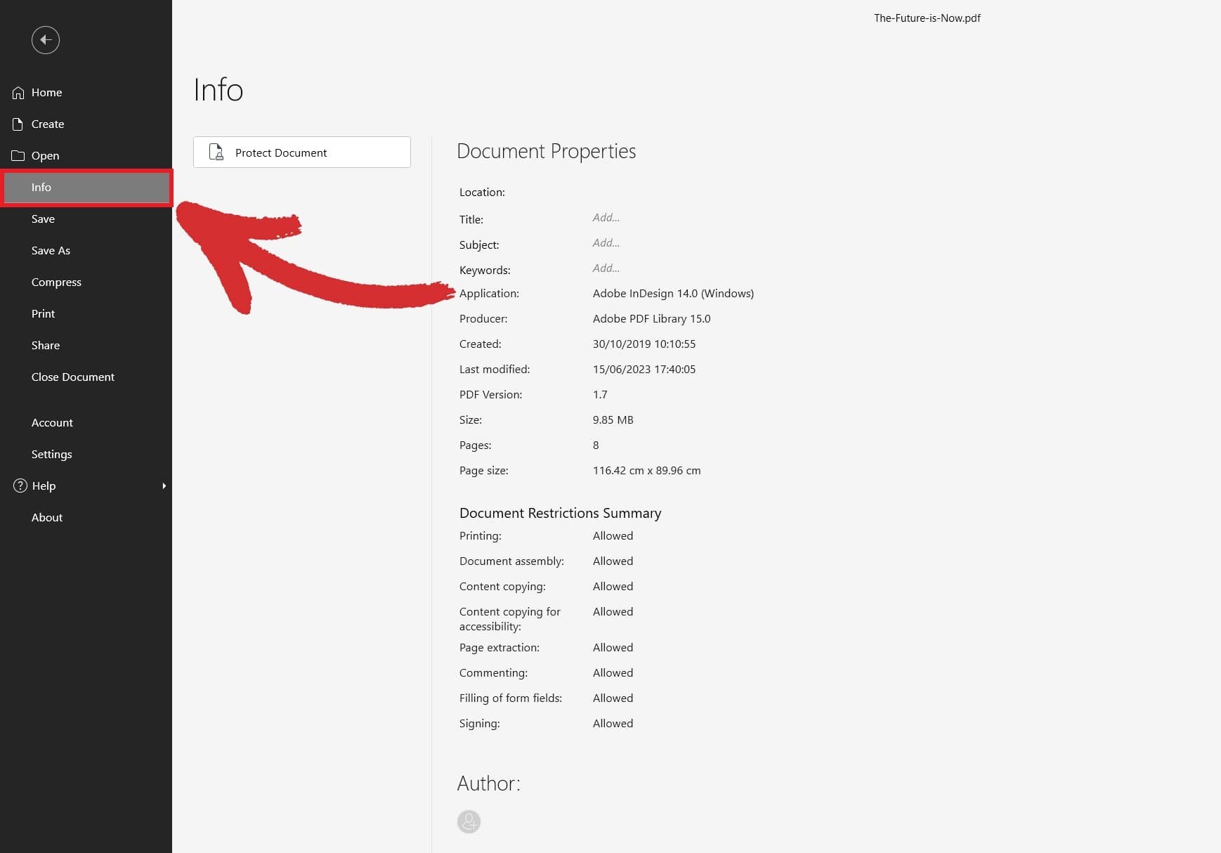 How to convert PDF to Word MobiPDF desktop interface displaying the document Info panel, showing properties, PDF version, and document restrictions.