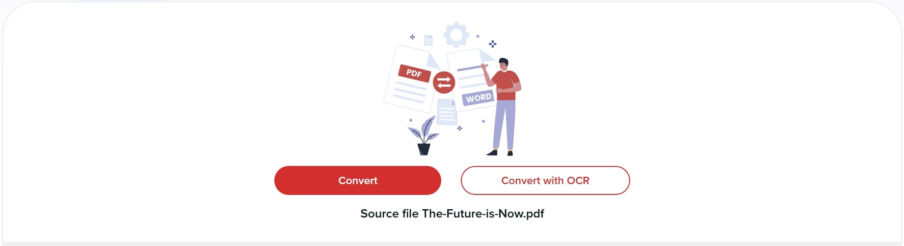 How to convert PDF to Word Web conversion options screen showing two red buttons: 'Convert' and 'Convert with OCR.'