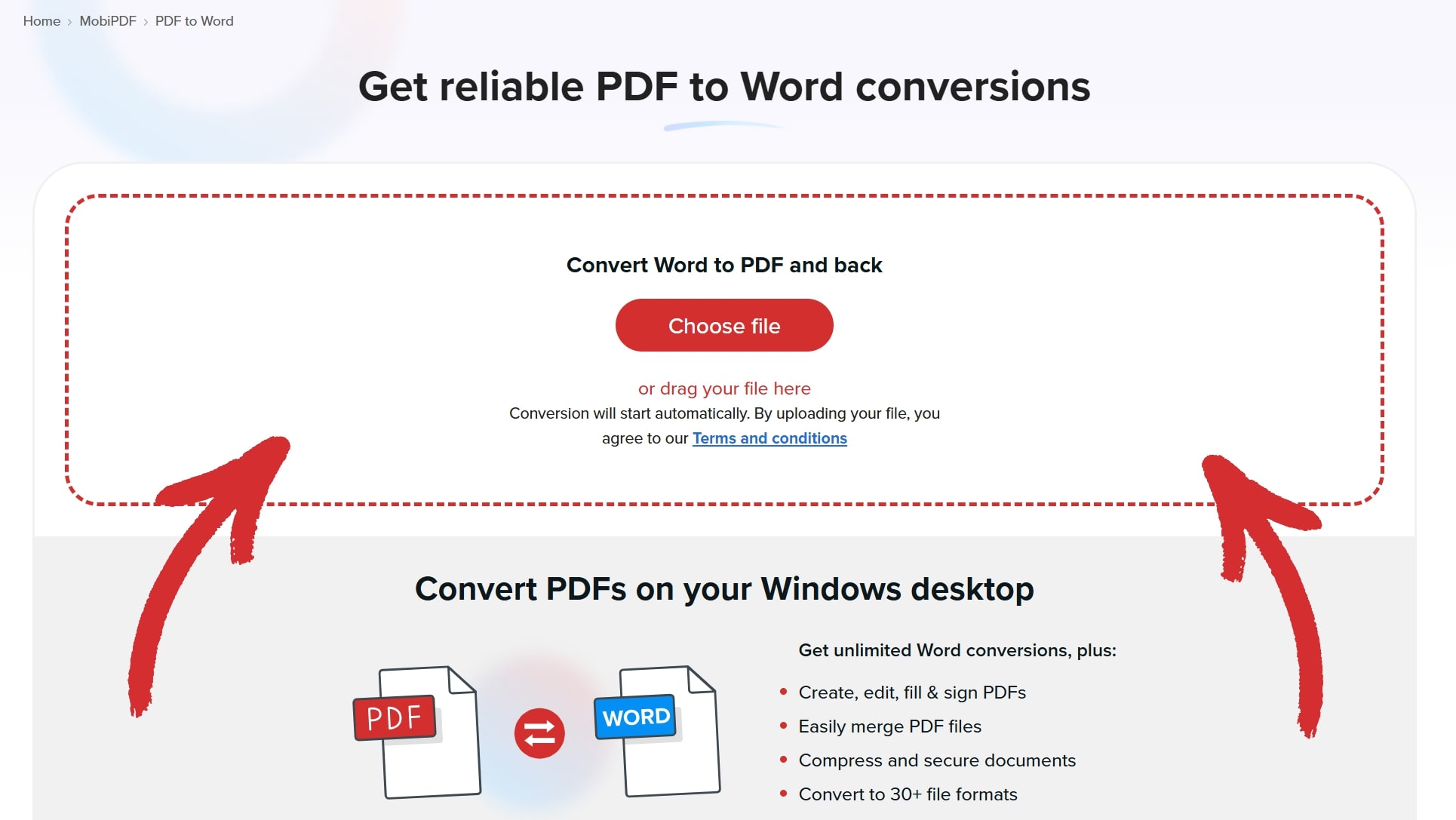 How to convert PDF to Word MobiPDF web converter showcasing the file upload interface.