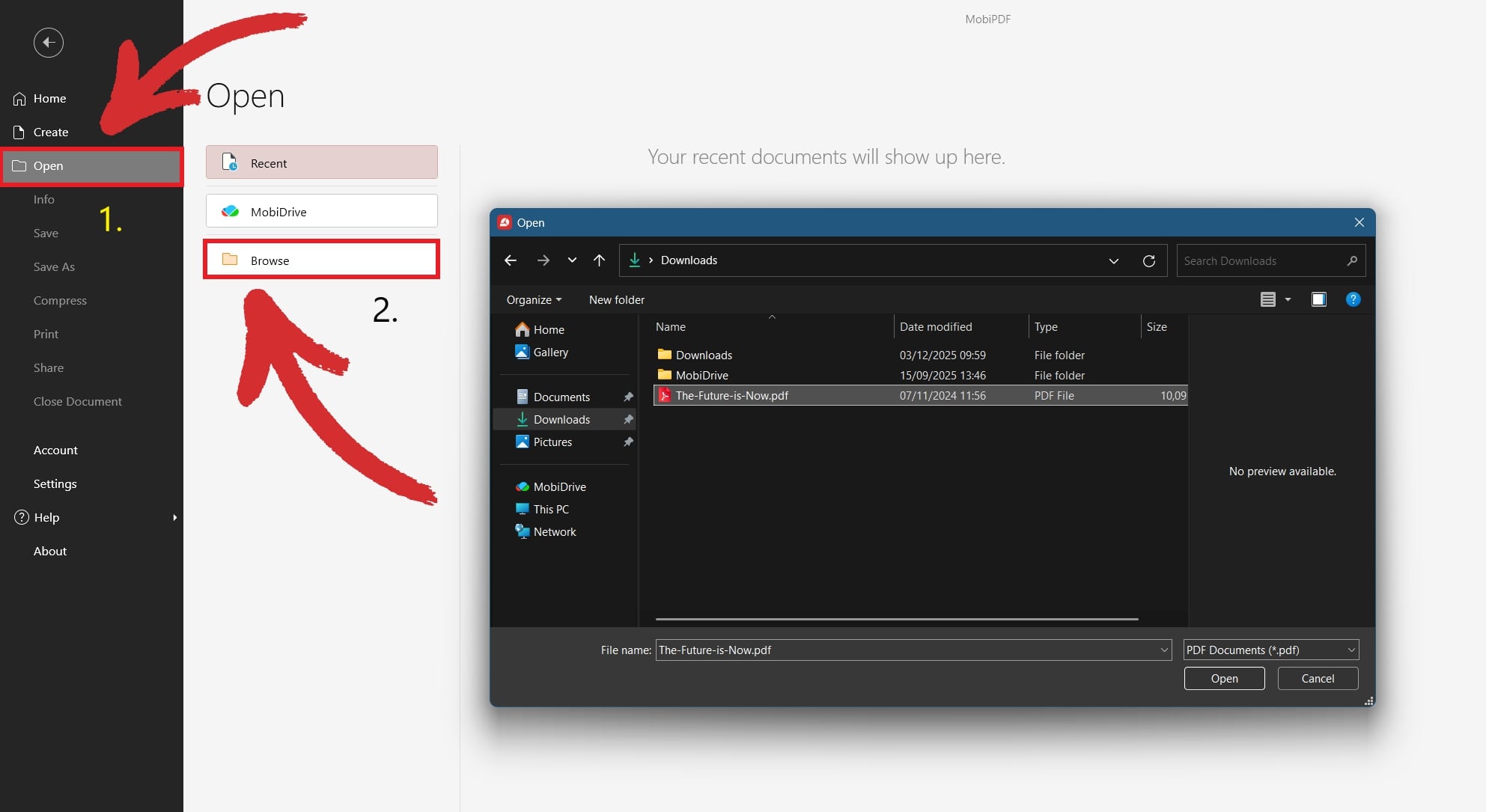 How to convert PDF to Word MobiPDF desktop interface showing the steps to open a PDF file by navigating through Open and then Browse.