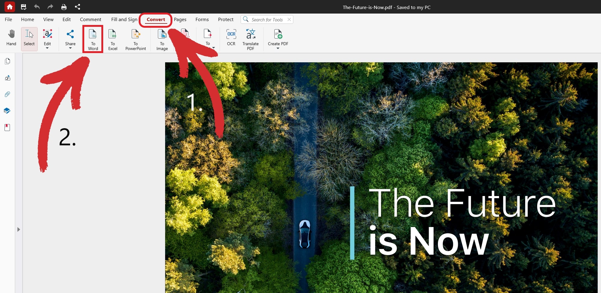 How to convert PDF to Word MobiPDF desktop interface highlighting the Convert tab and the option to convert PDF document to Word file.