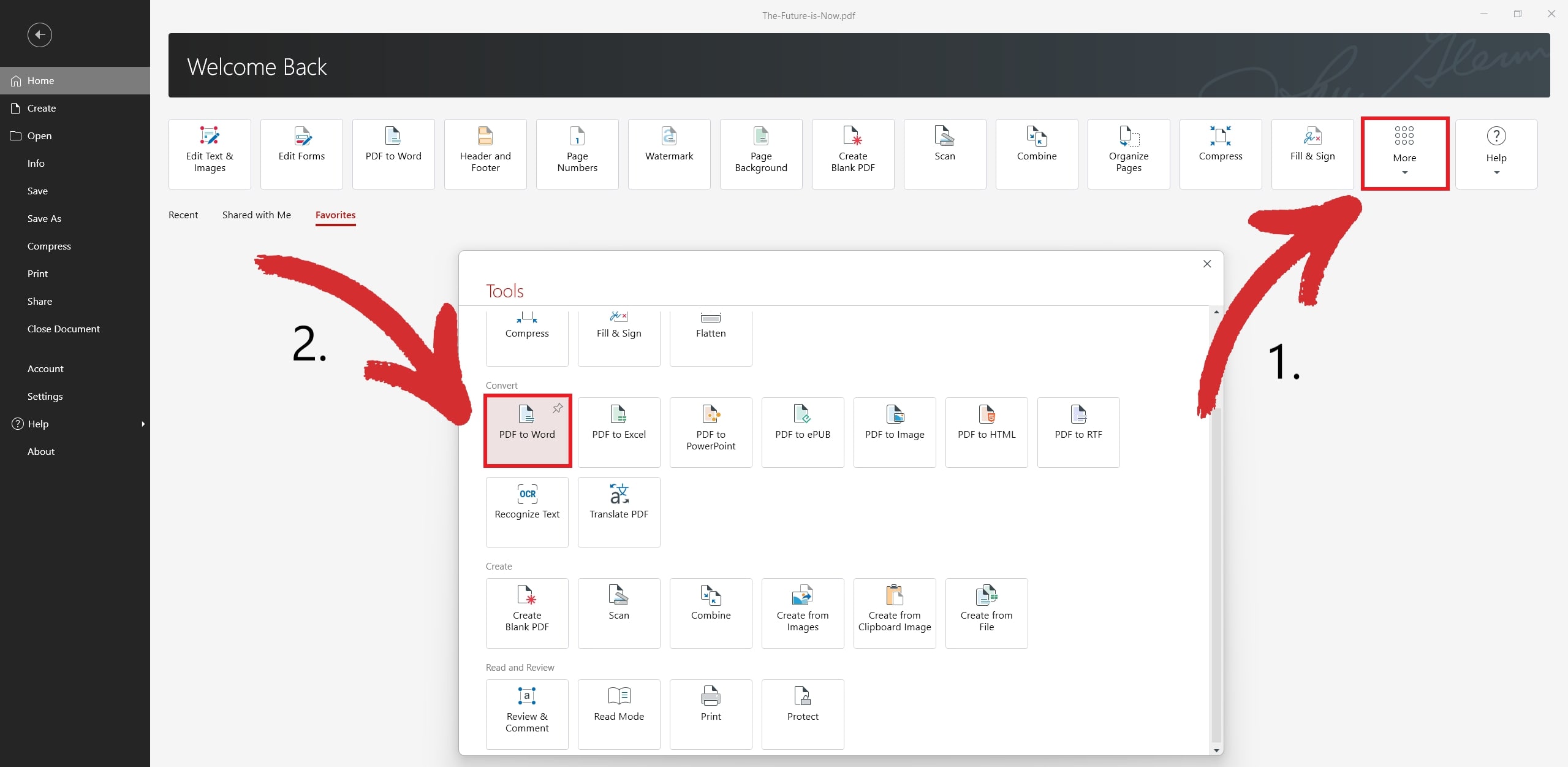 How to convert PDF to Word MobiPDF desktop interface showing navigation steps to access the PDF to Word conversion tool via the More menu.