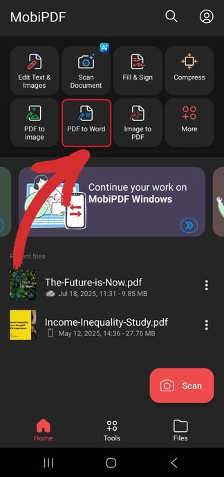 How to convert PDF to Word MobiPDF mobile app home screen with the PDF to Word conversion button highlighted.