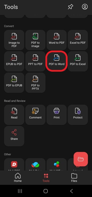 How to convert PDF to Word MobiPDF mobile application Tools menu displaying various document conversion options like PDF to Word and PDF to Excel.