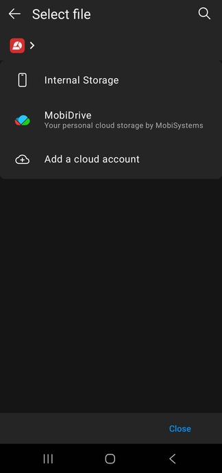 How to convert PDF to Word MobiPDF screen prompting the user to select a file from Internal Storage, MobiDrive, or a cloud account for conversion.