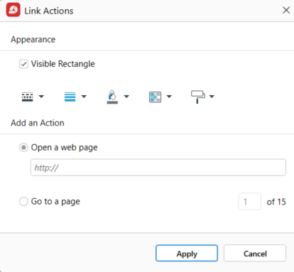 Link Actions window in MobiPDF with options to open a web page or link to a PDF page