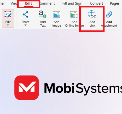 Link Actions window in MobiPDF with options to open a web page or link to a PDF page