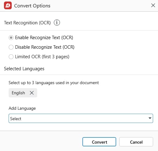 How to convert PDF to Word Convert Options dialogue box showing settings to enable OCR (Optical Character Recognition) for text recognition in PDF conversion and a language selector.