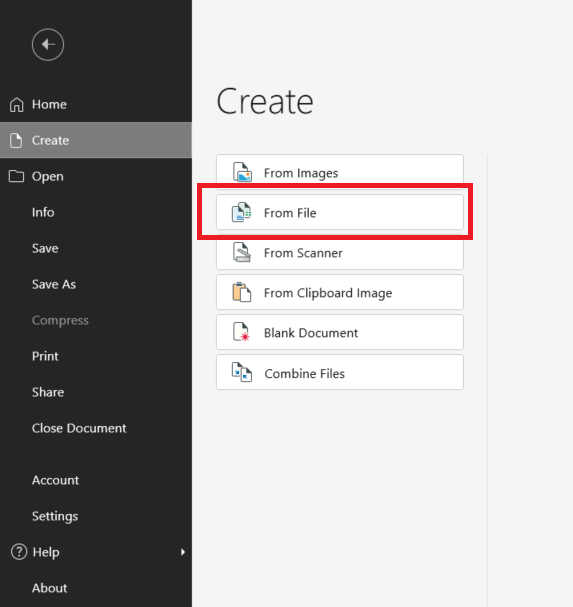 MobiPDF Create screen with the From File option highlighted for converting a file to PDF