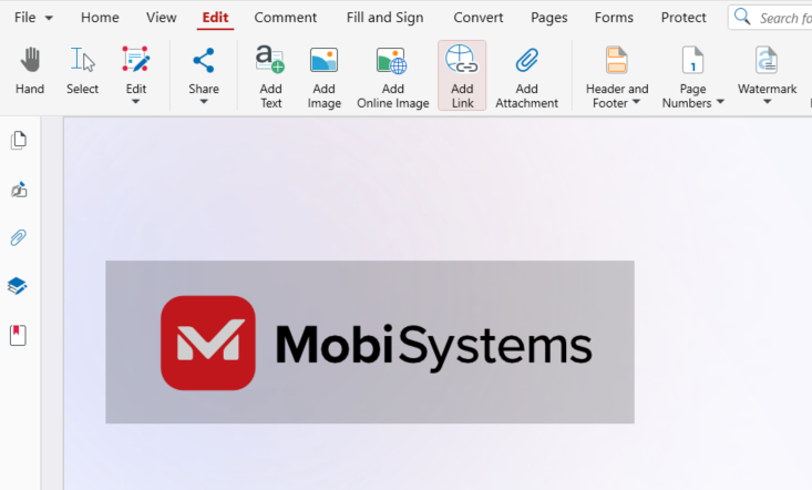 MobiPDF Edit tab with the Add Link tool selected above a PDF