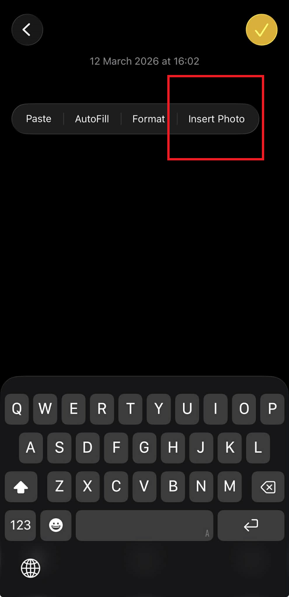 How to Convert Pictures to PDF on iPhone: Complete 2026 Guide iPhone Notes app showing the Insert Photo option in a new note.