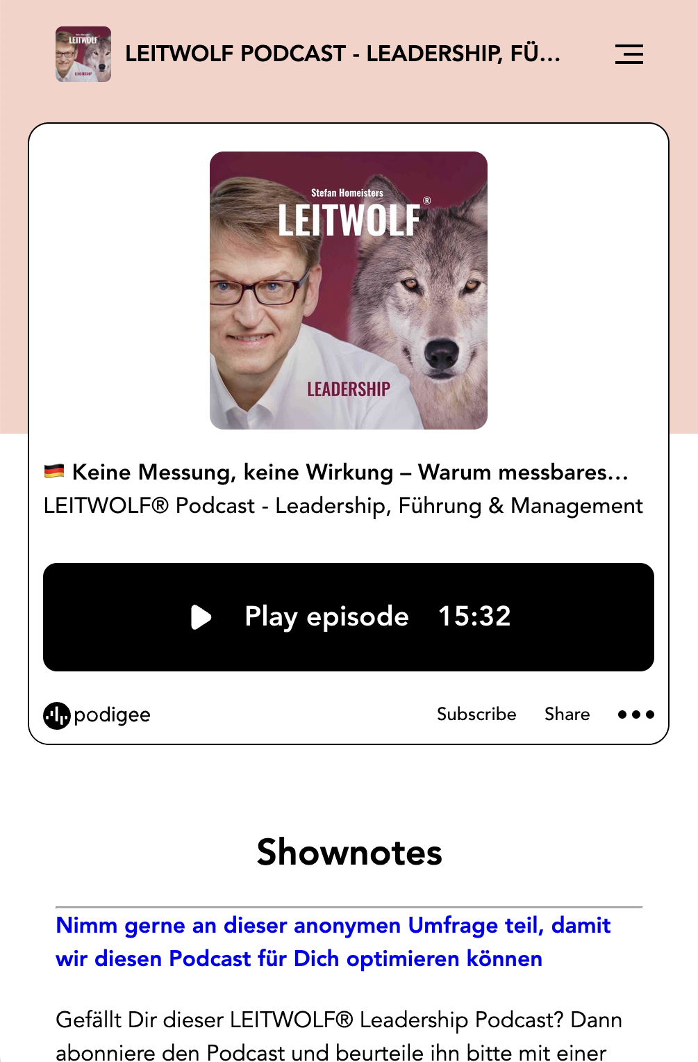 The LEITWOLF podcast in the original Podigee Player with cover and playback controls