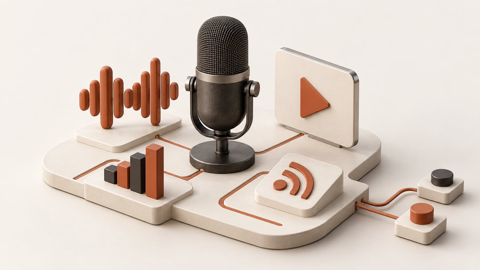 Microphone on a platform connected to icons for audio, video, analytics and distribution