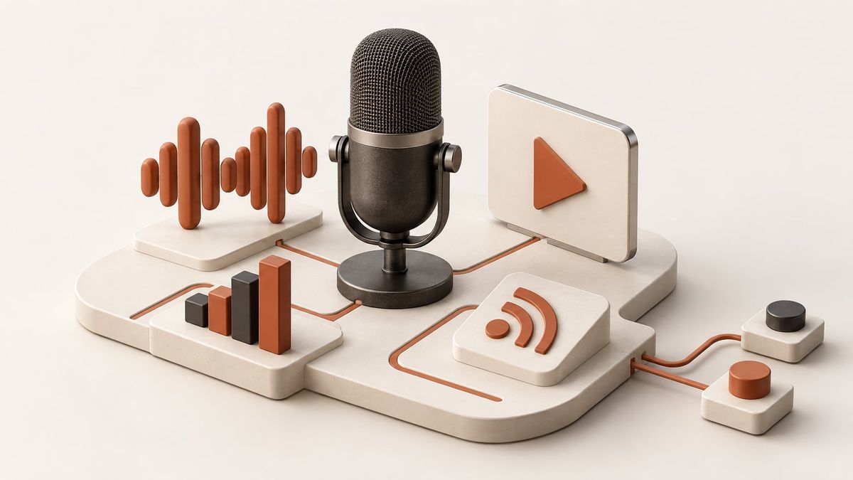 Mikrofon auf einer Plattform, verbunden mit Symbolen für Audio, Video, Analysen und Verbreitung
