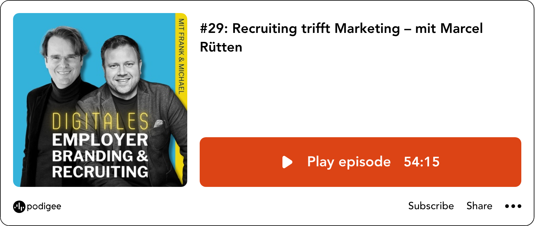 A real embedded Podigee Player for Digitales Employer Branding & Recruiting with cover art, episode title, and playback.