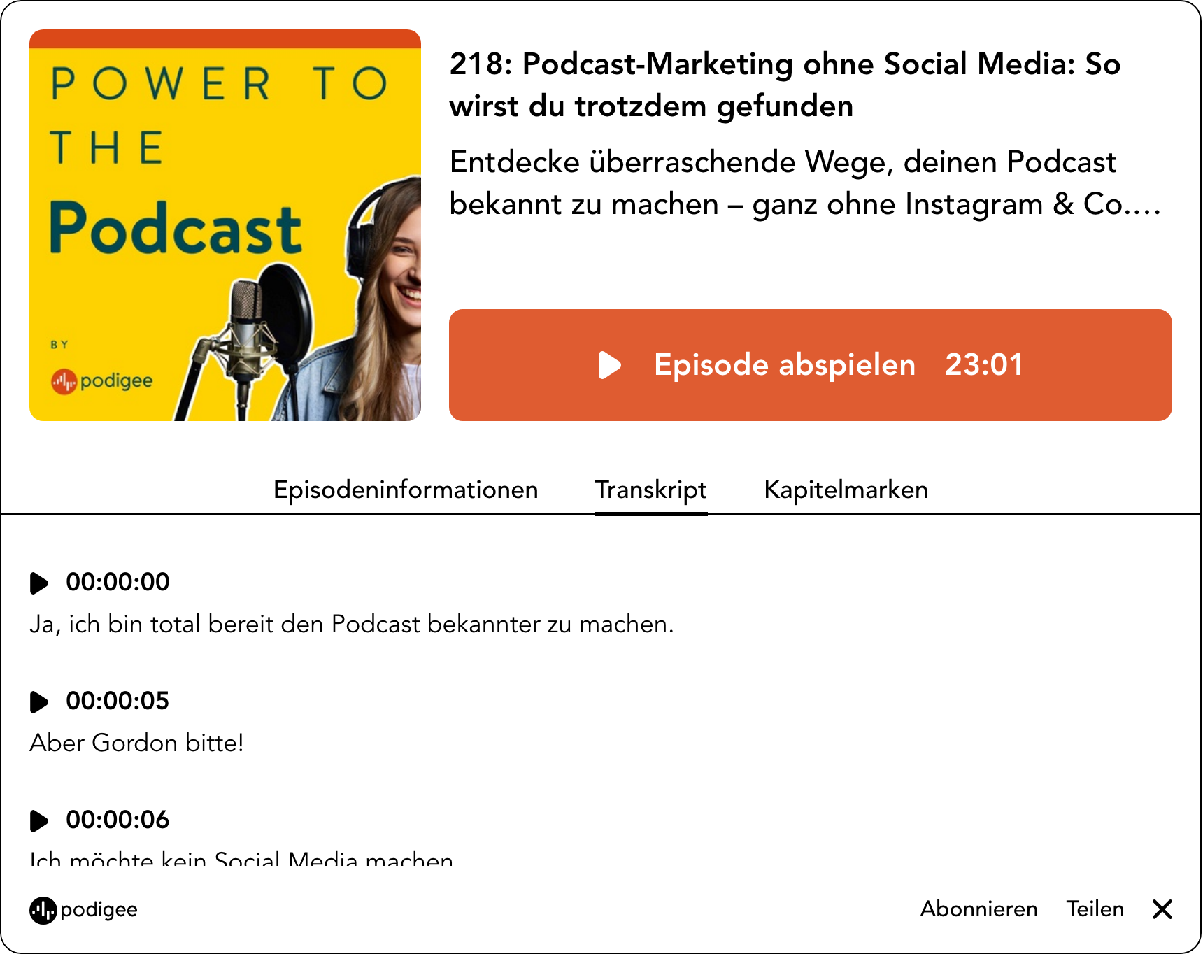 The real Podigee Player of Power to the Podcast: the open transcript shows the episode's text and timestamps.