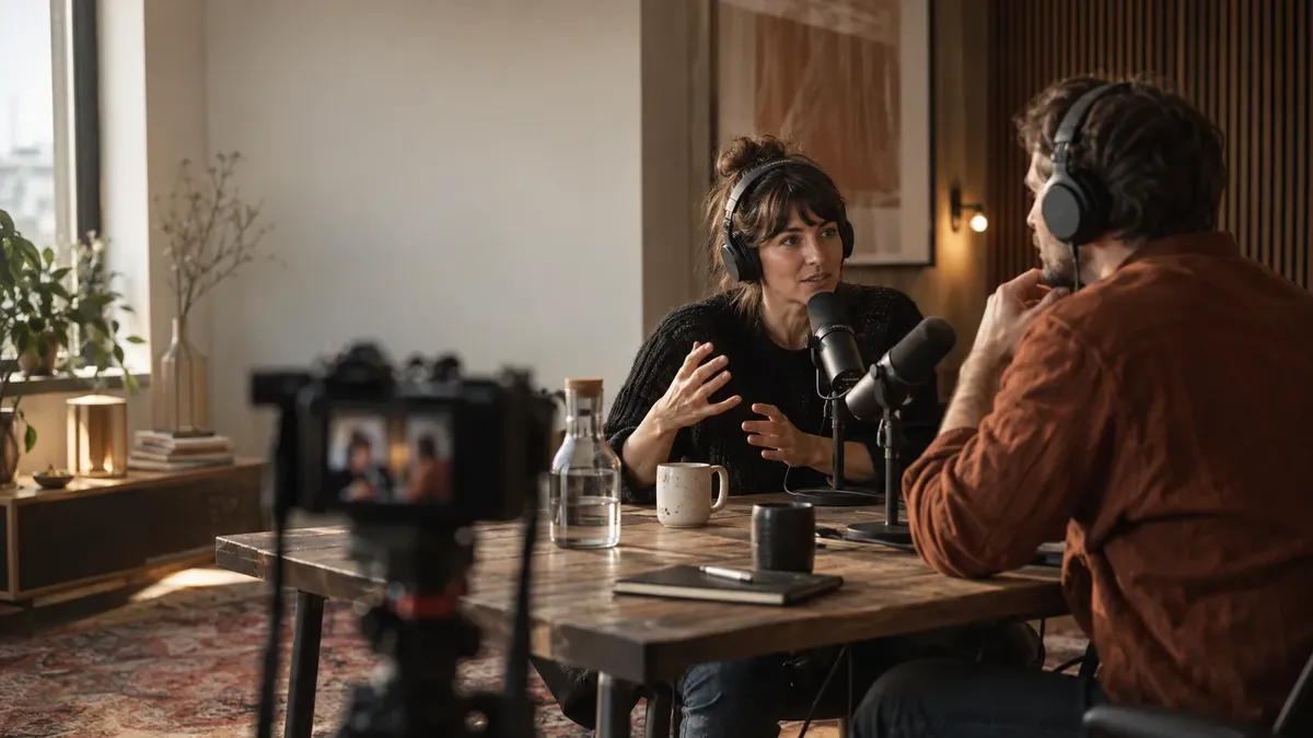 Two people talking in a podcast studio; a camera films the conversation.