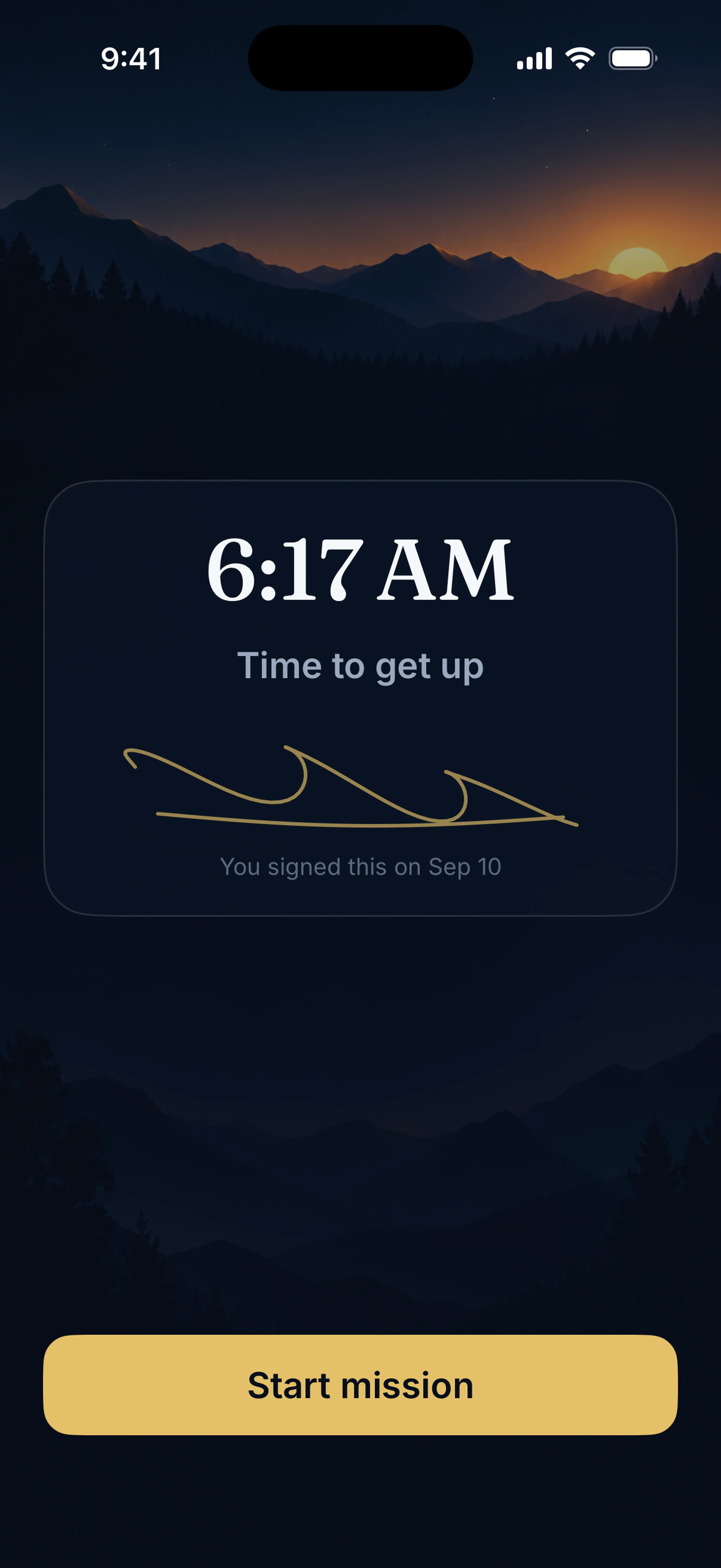 The Waky alarm ringing, with a Start mission button