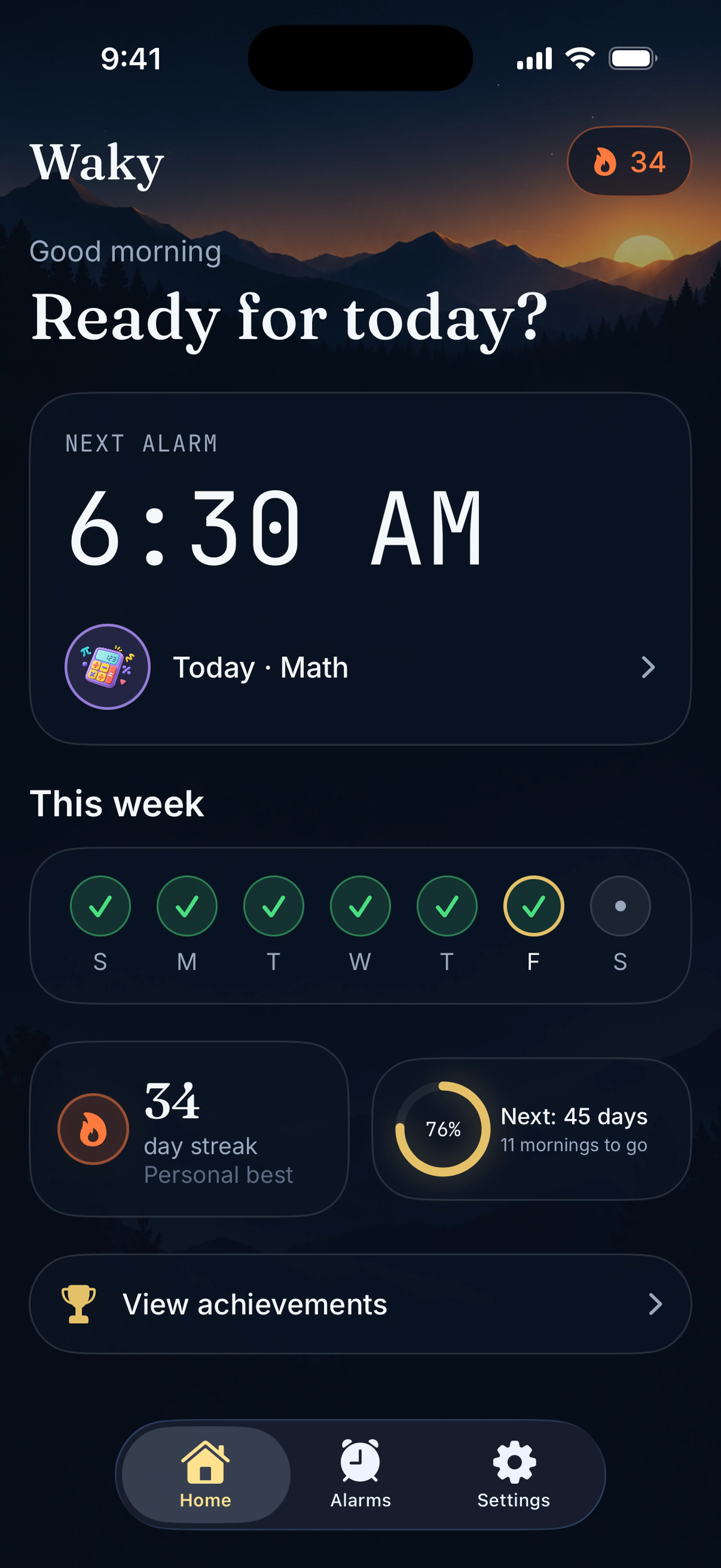 The Waky home screen showing the streak and this week's mornings