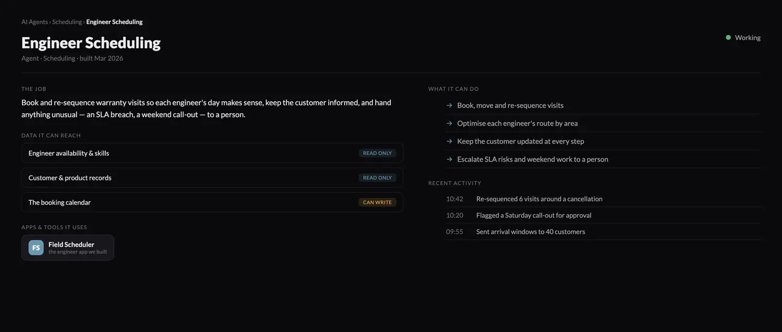 The AI Agents view: open any agent to see its job, the data it can reach, and the tools it uses.