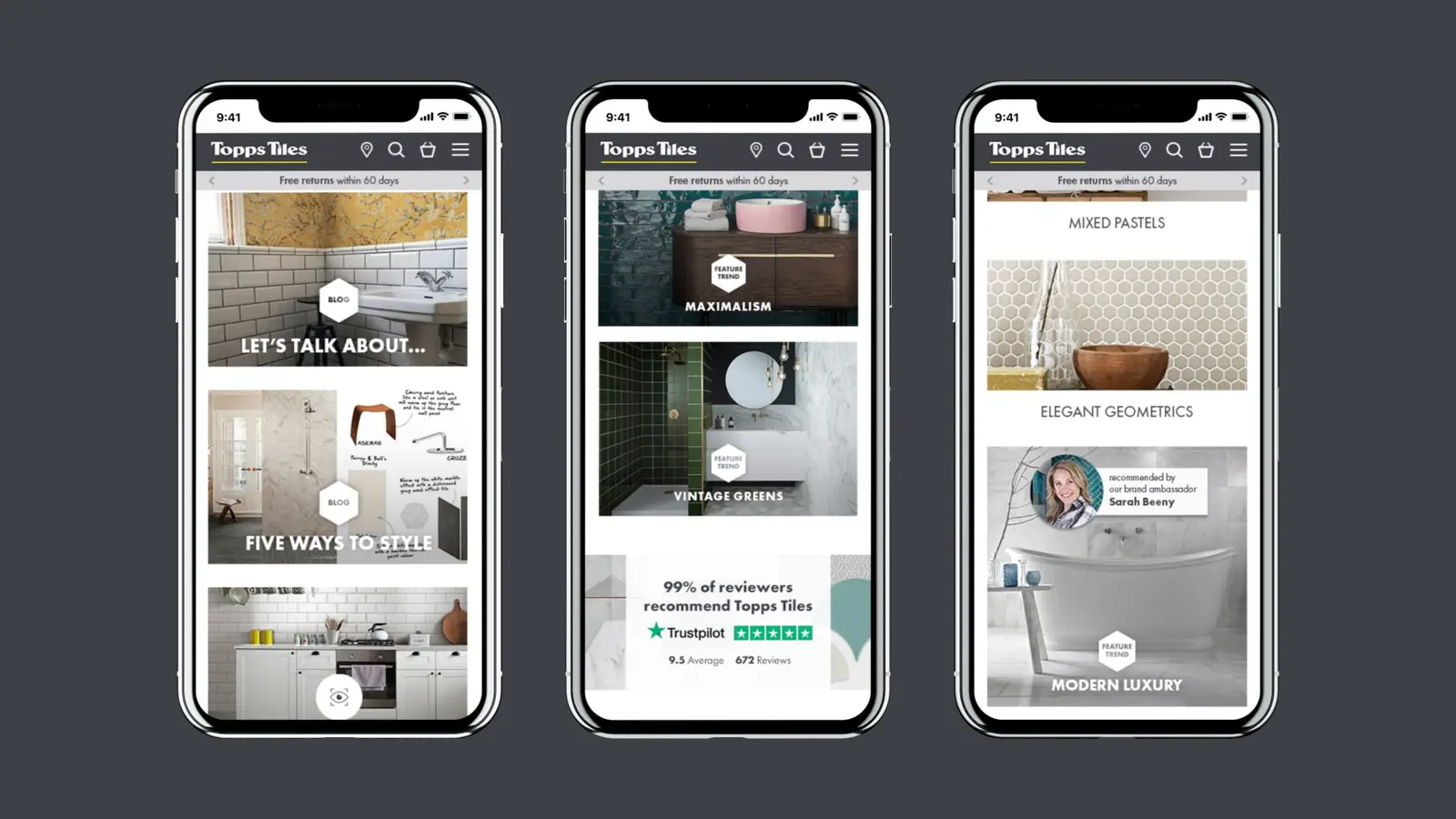 Topps Tiles Trade website on three mobile screens