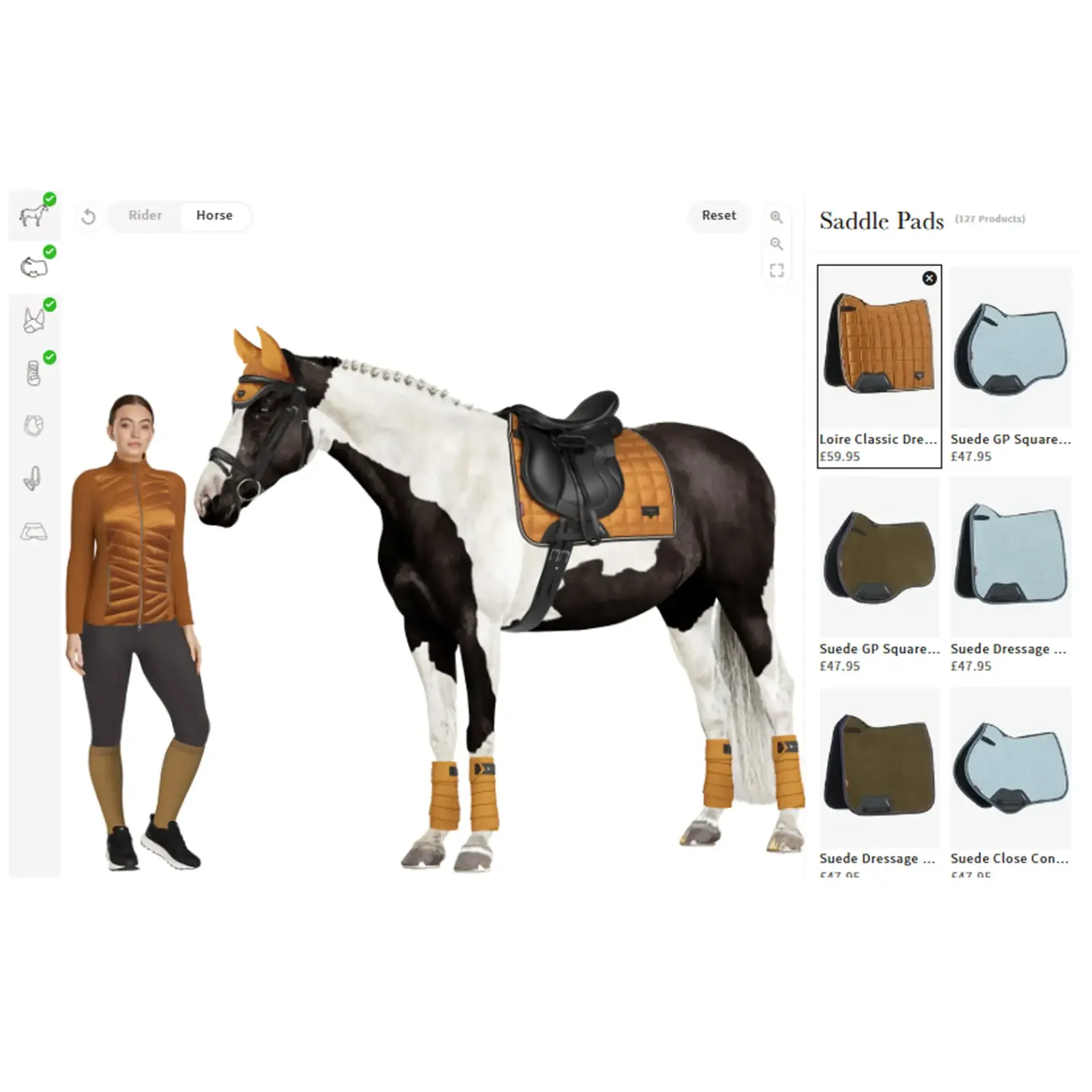LeMieux outfit builder showing a rider and horse in matching kit