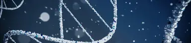Stylised DNA double helix strands representing biotechnology, genomics and life science innovation.