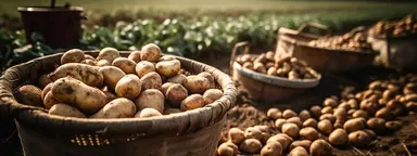 Basket of freshly harvested potatoes in a field, representing potato breeding and crop improvement programmes aimed at developing disease-resistant varieties.